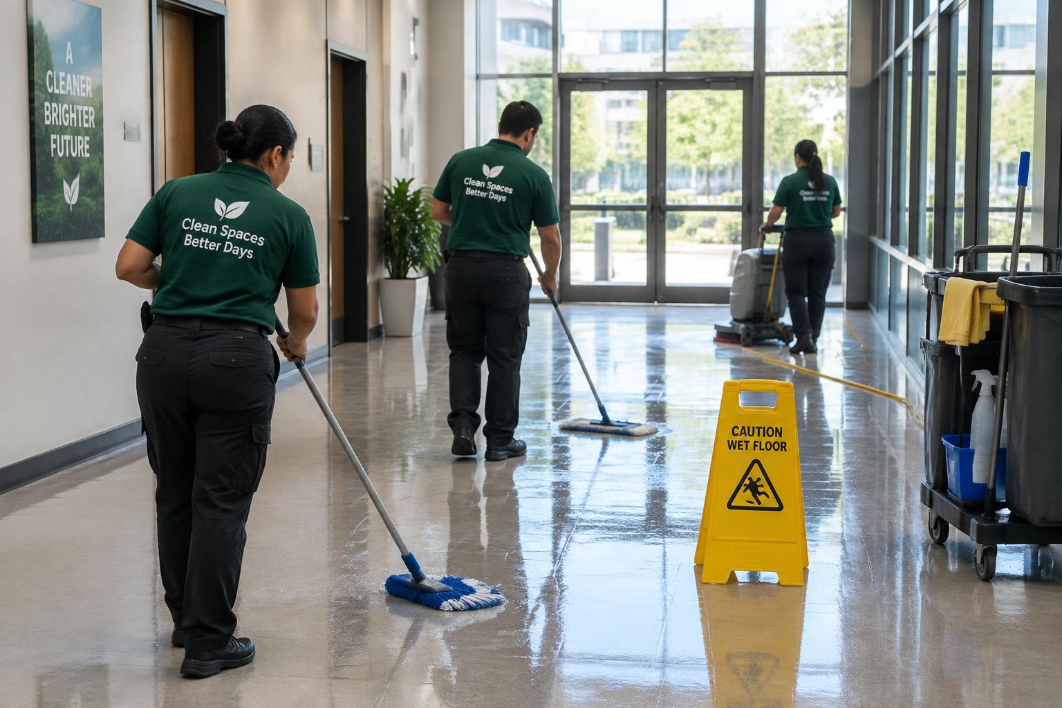 A Pestco Solutions crew working a commercial hallway